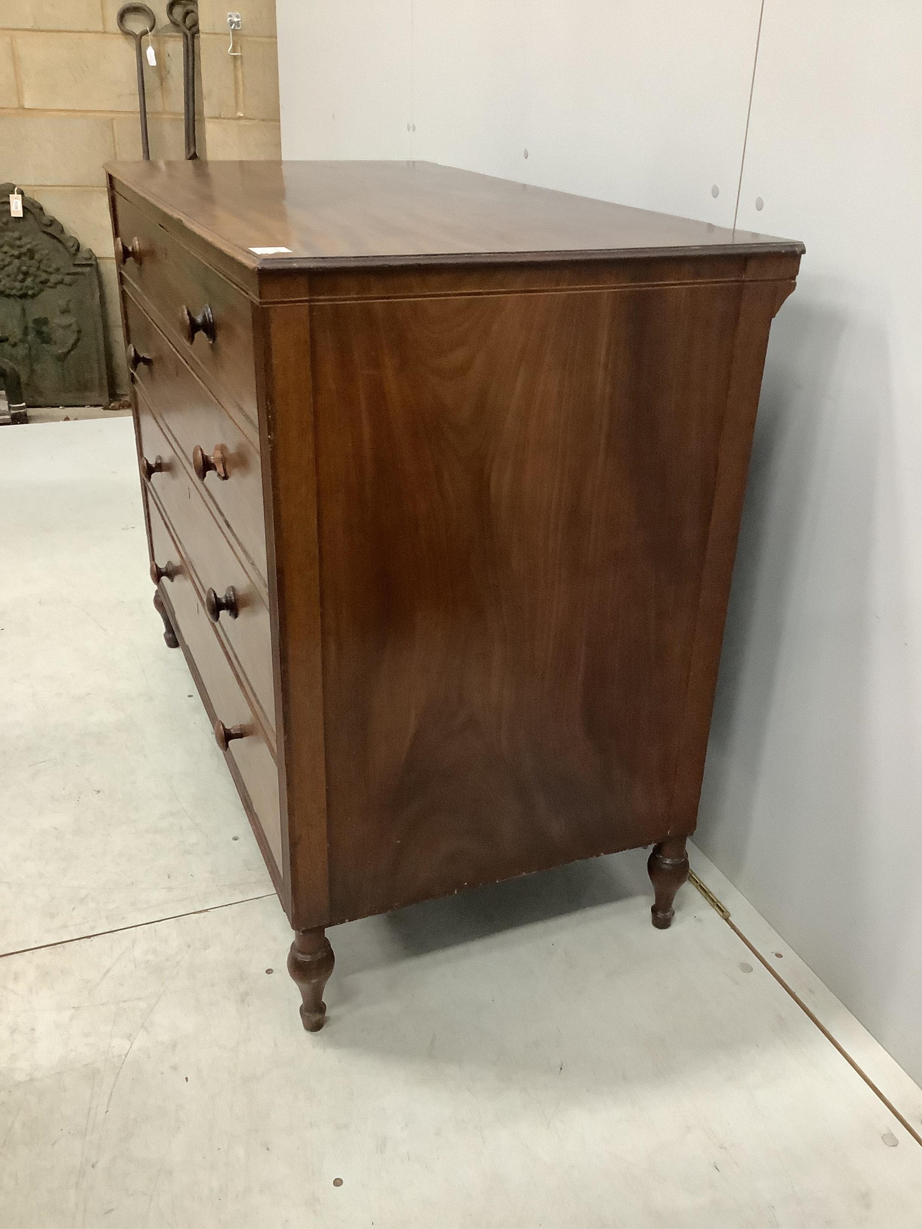 A Regency mahogany straight front chest of four drawers, with reeded pilasters, width 108cm, depth 55cm, height 87cm. Condition - poor to fair, some minor losses